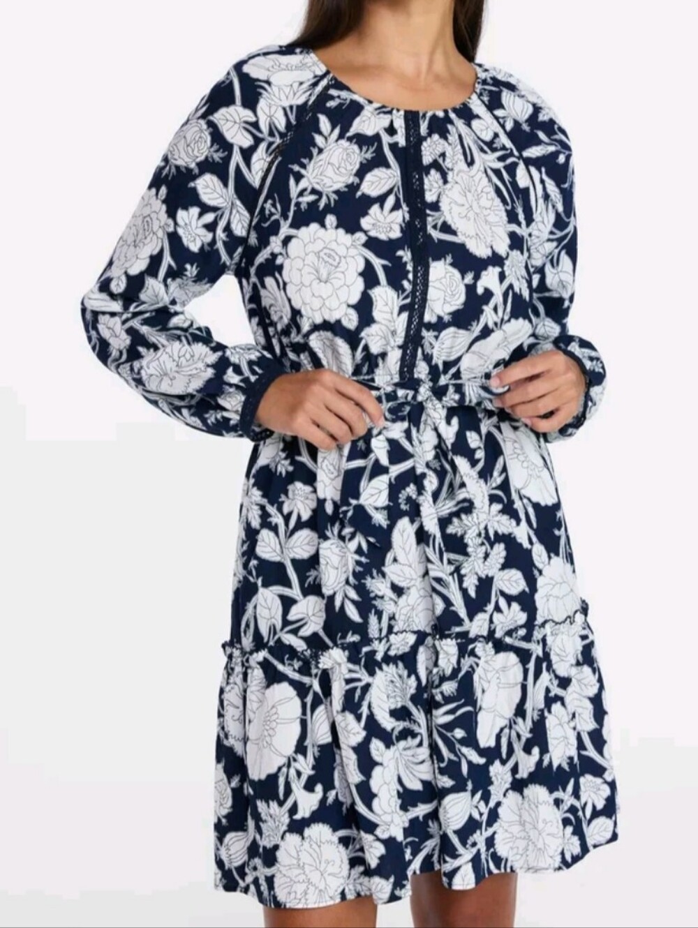 Time and Tru Women's Size M (8-10) Lace Trimmed Mini Dress Long Sleeves NWT Blue